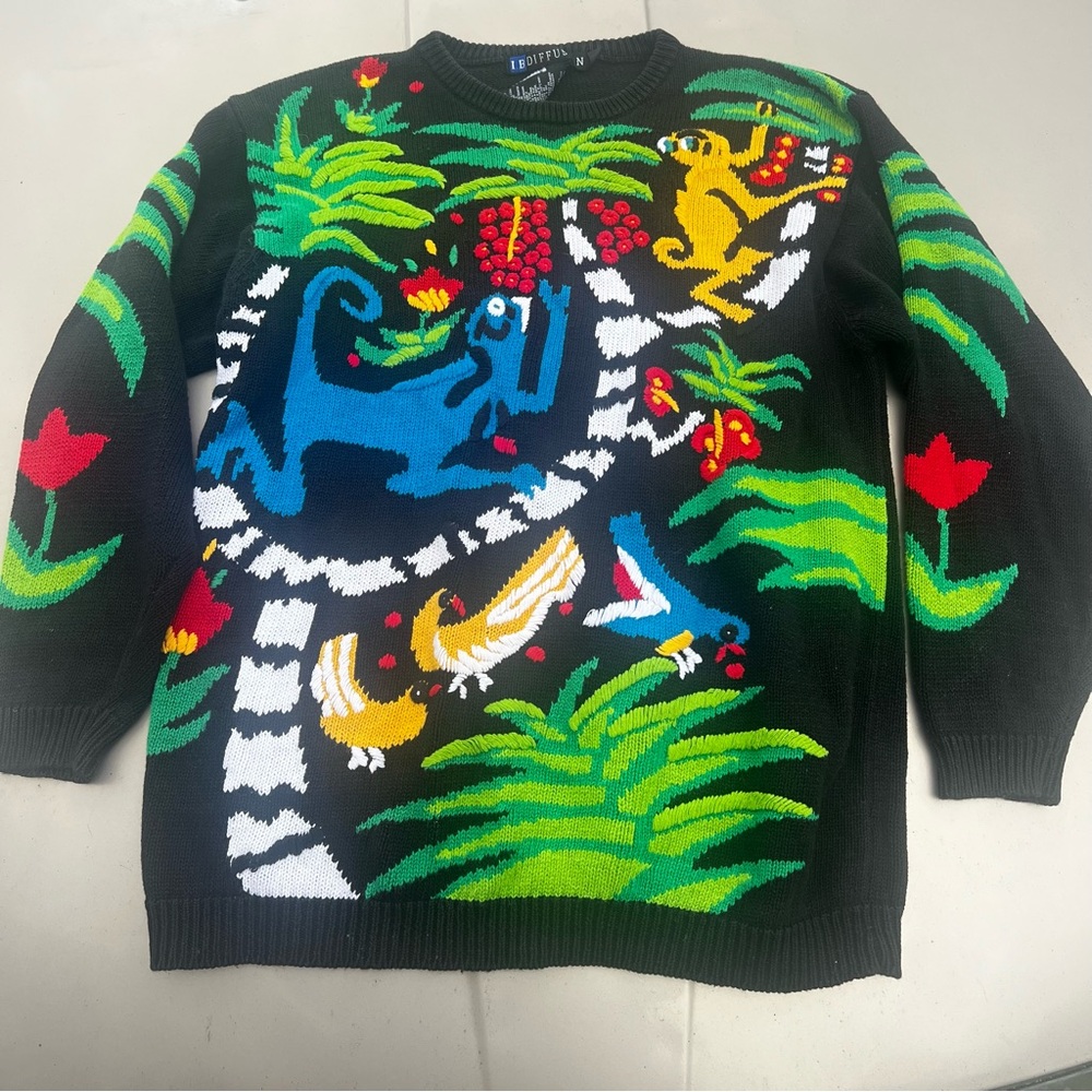 Vintage I. B. Diffusion Colorful Knit Jungle Crewneck Sweater Size Medium
